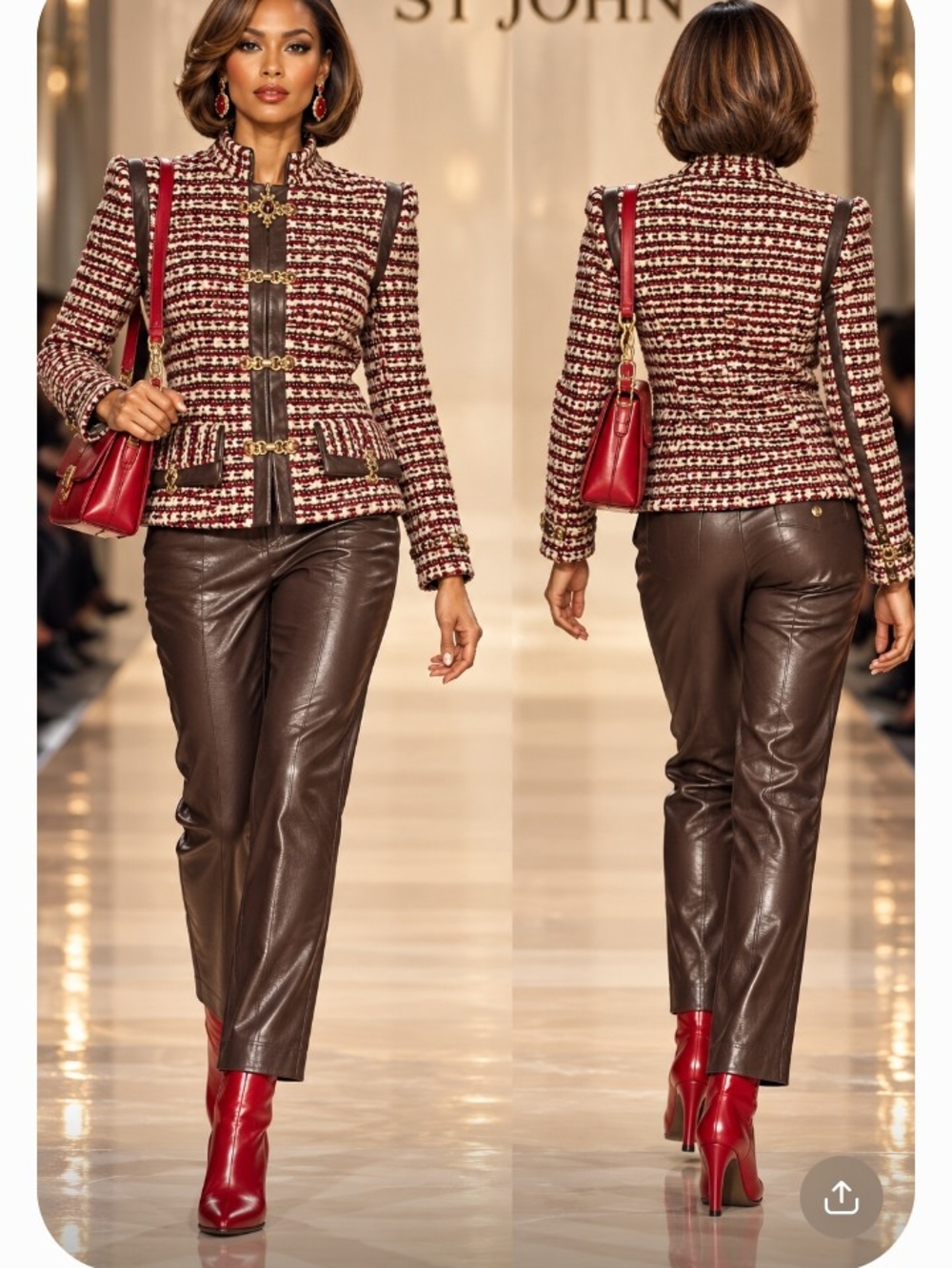St John 10/12 Burgundy Cream Brown Boucle Knit Jacket Brown Leather Pants Suit - Picture 2 of 14